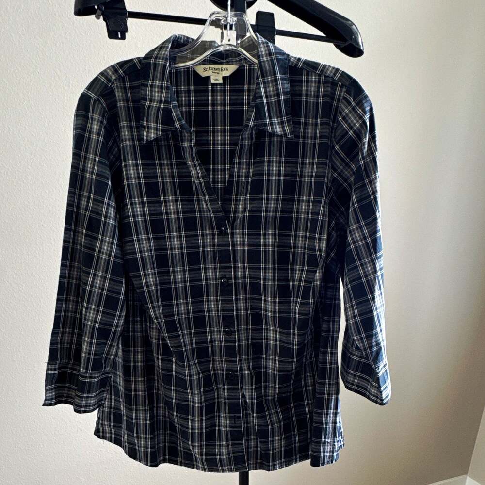 St. John's Bay Plaid Button-Up Shirt Collared Stretch 1X Plus 3/4 Sleeve